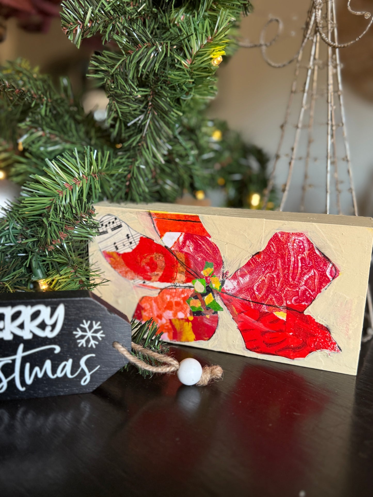 Mixed Media Poinsettia – 4x8” Original Art on Wood Panel