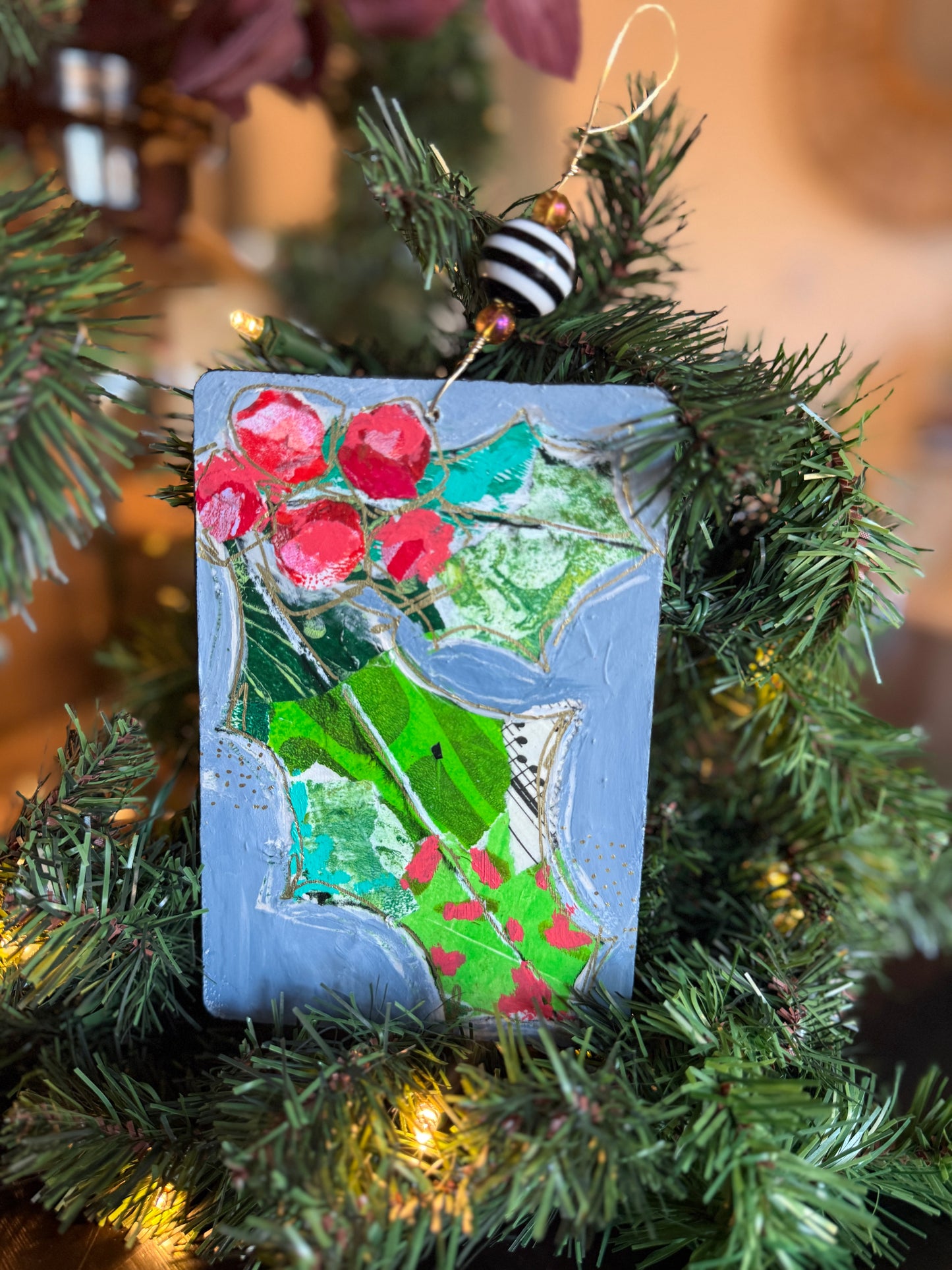 Handcrafted Mixed Media Holly Ornament- Collage Art on Wood