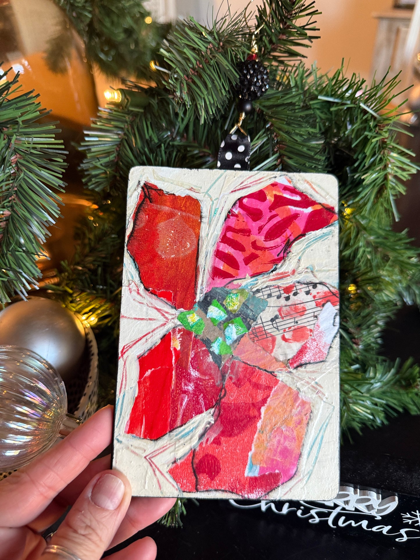 Handcrafted Mixed Media Poinsettia Ornament – Collage Art on Wood