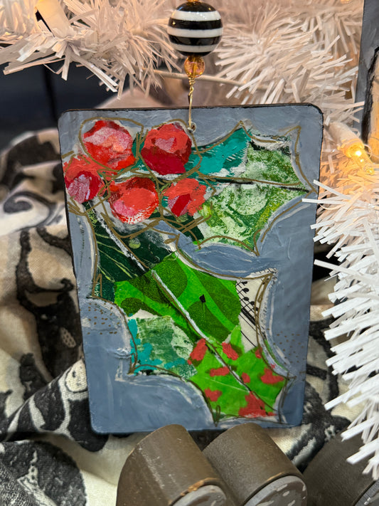 Handmade Holly Christmas Ornament – Mixed Media Collage Art with Red Berries