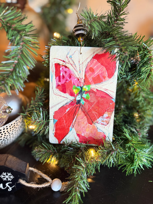 Handcrafted Mixed Media Poinsettia Ornament – Collage Art on Wood