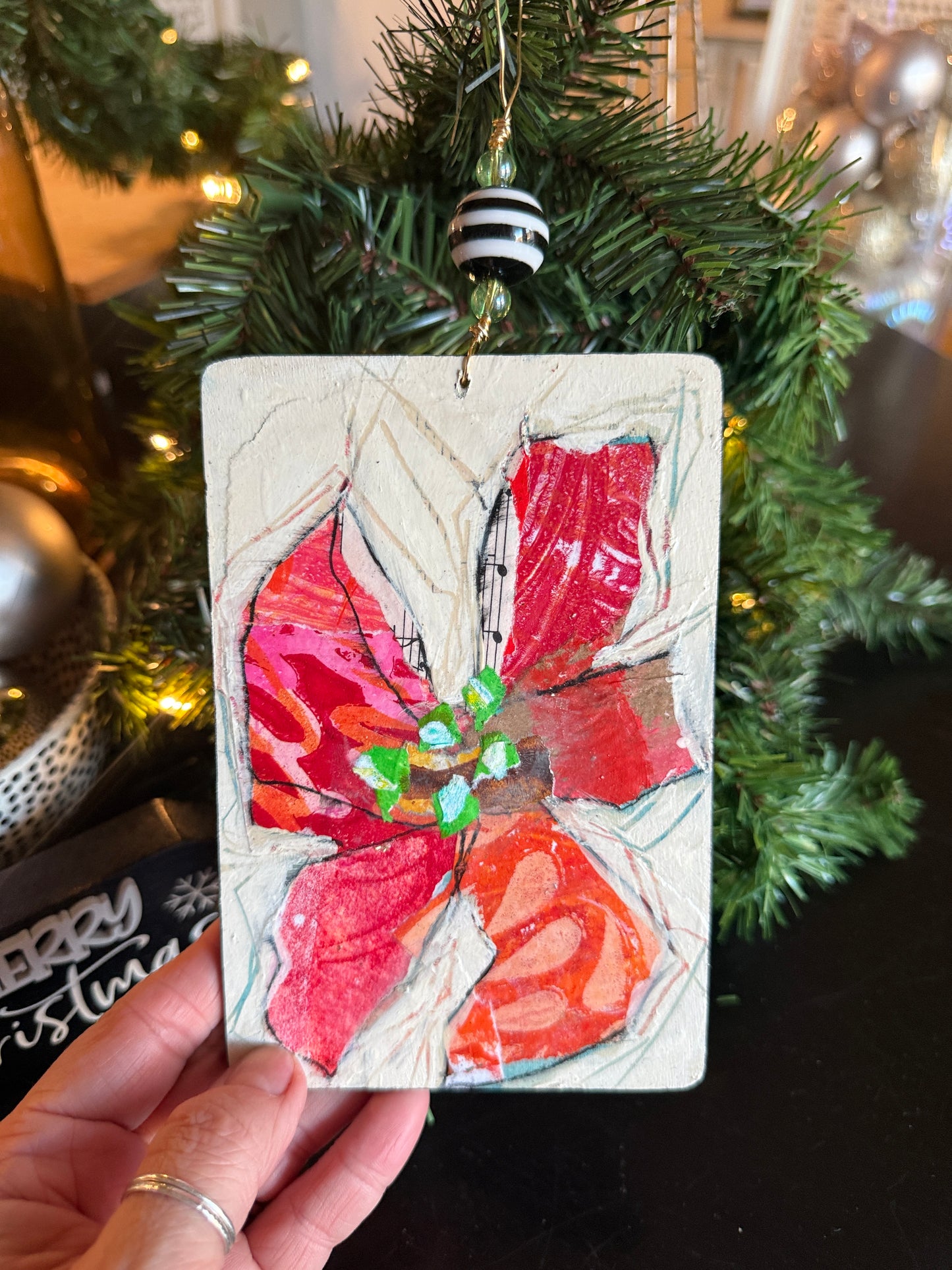 Handcrafted Mixed Media Poinsettia Ornament – Collage Art on Wood