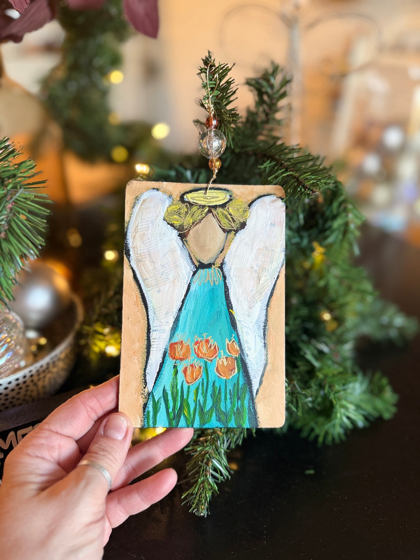Tulips Angel Ornament – Hand-Painted Mixed Media Floral Angel