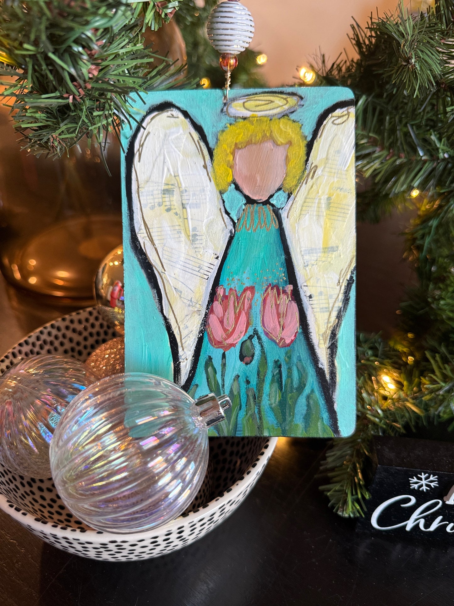 Tulips and Lace Angel Ornament – Hand-Painted Mixed Media Floral Angel