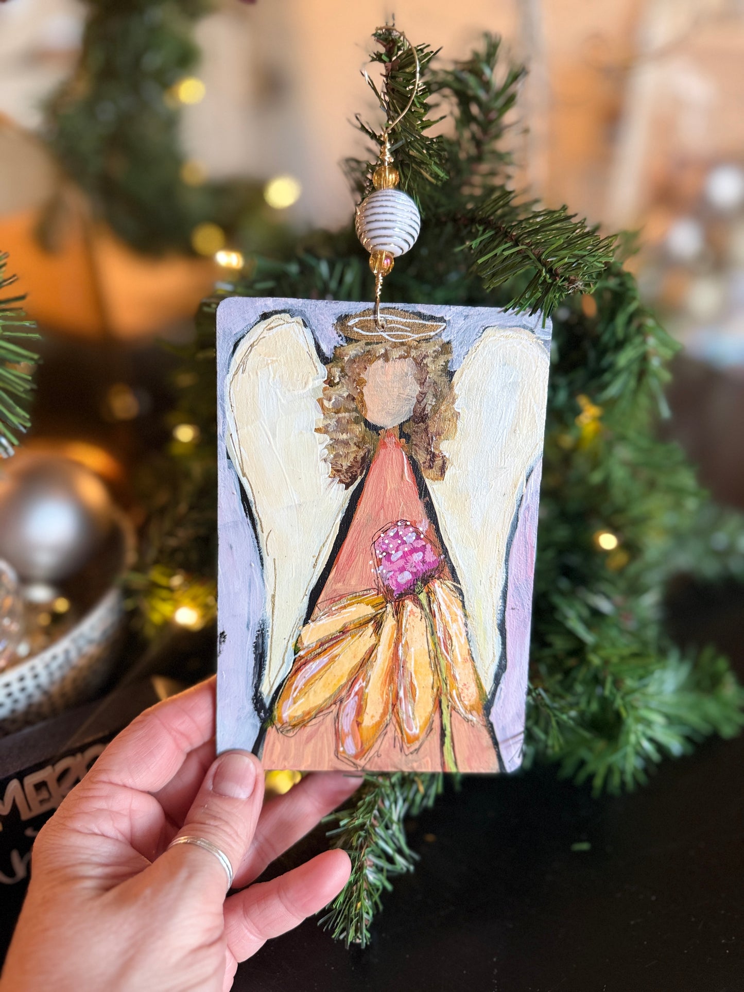 Spring Angel Ornament – Hand-Painted Mixed Media Floral Angel