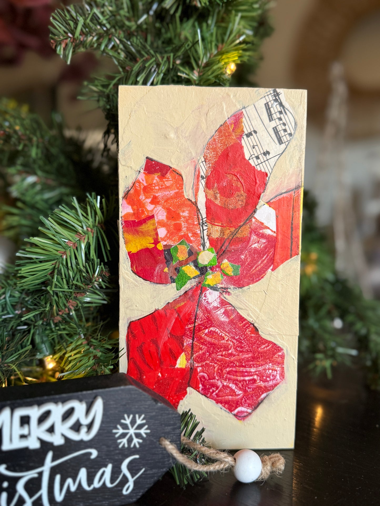 Mixed Media Poinsettia – 4x8” Original Art on Wood Panel