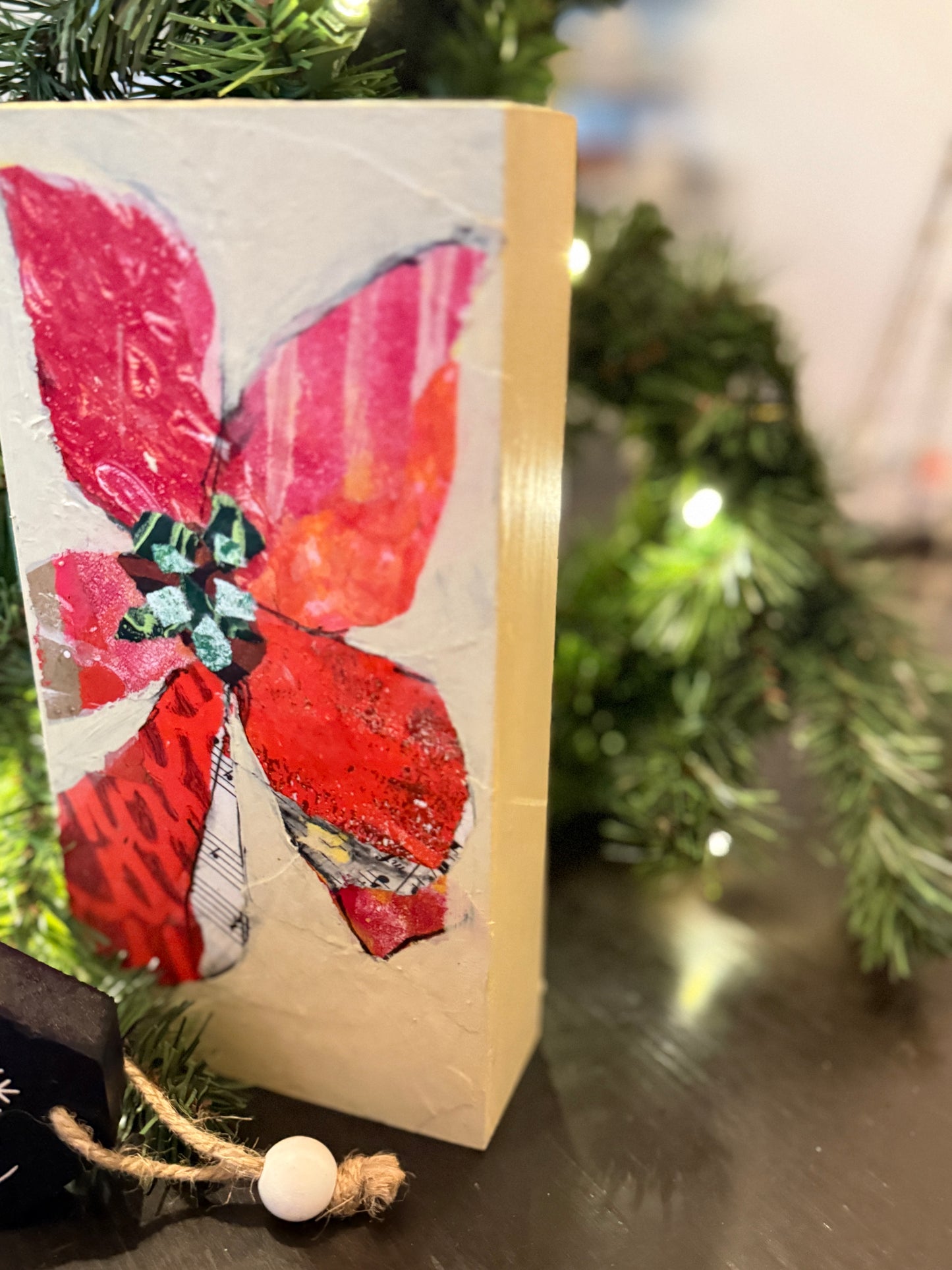 Mixed Media Poinsettia – 4x8” Original Art on Wood Panel
