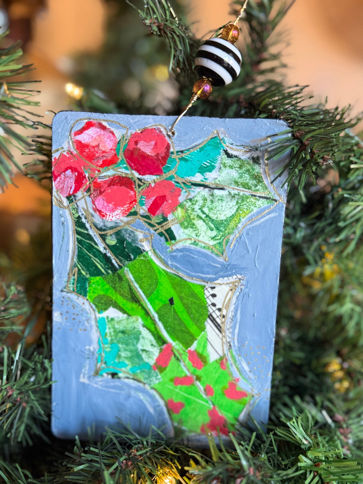 Handcrafted Mixed Media Holly Ornament- Collage Art on Wood