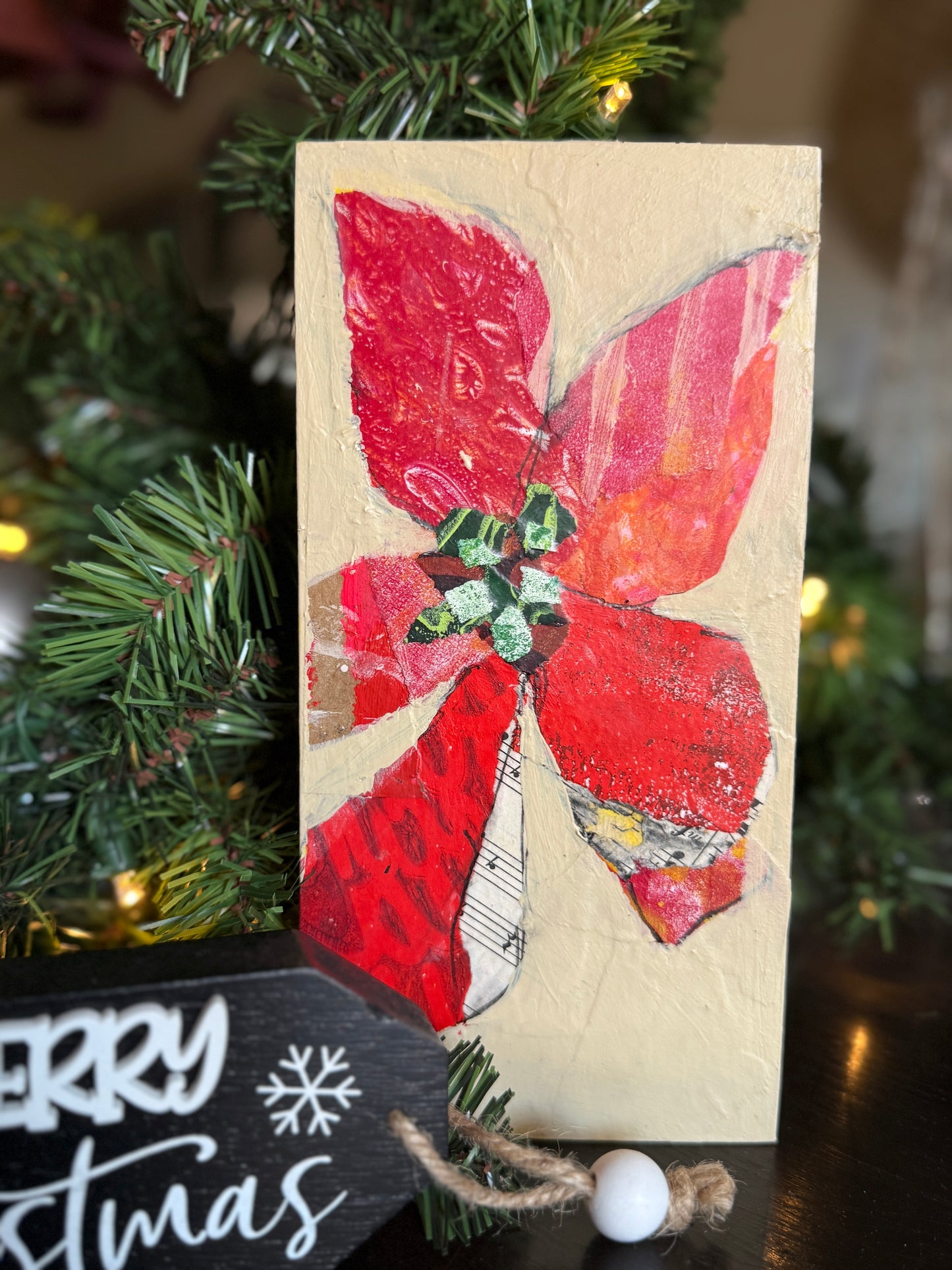 Mixed Media Poinsettia – 4x8” Original Art on Wood Panel