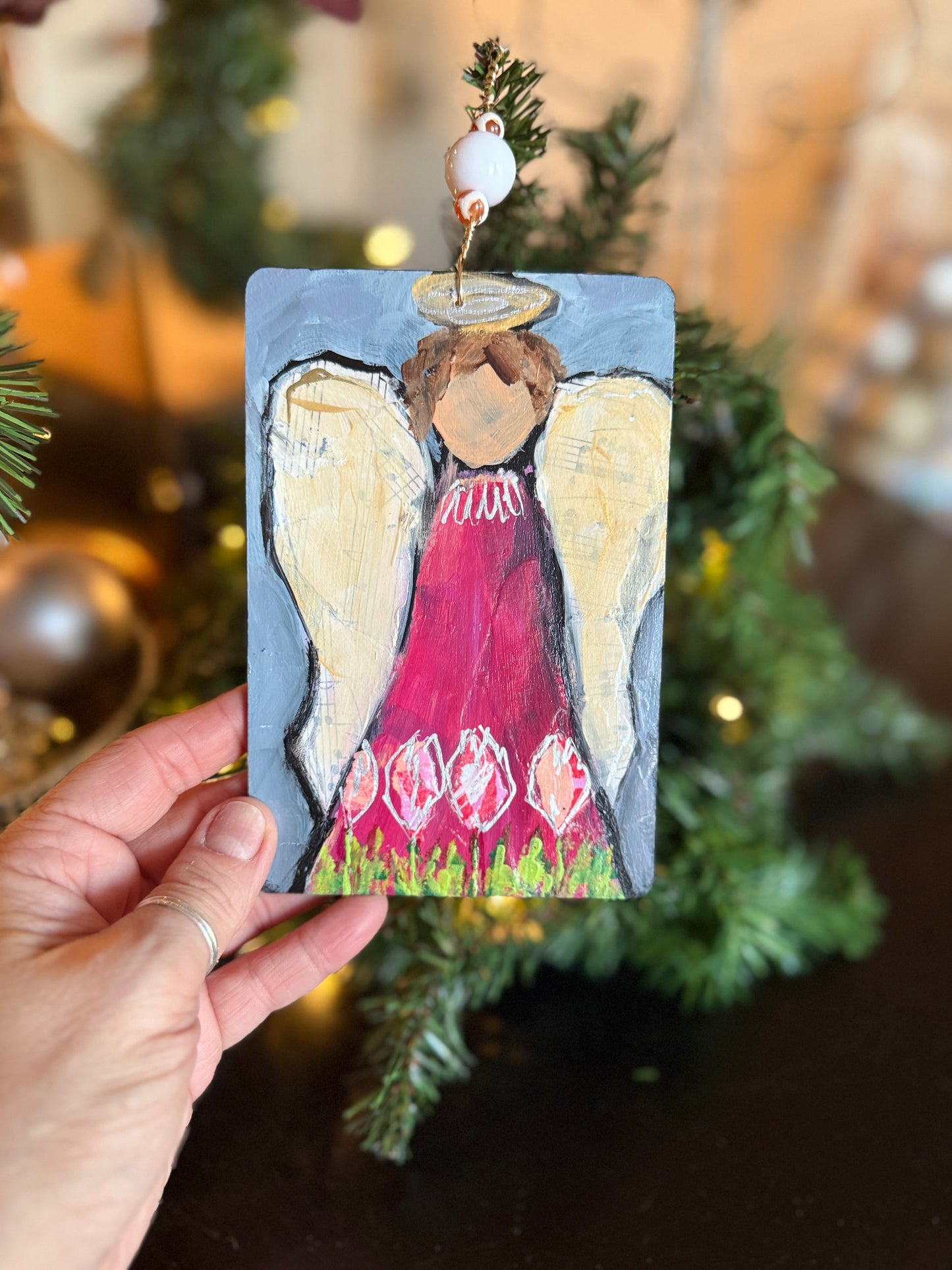 Angel Ornament – Hand-Painted Mixed Media Floral Angel