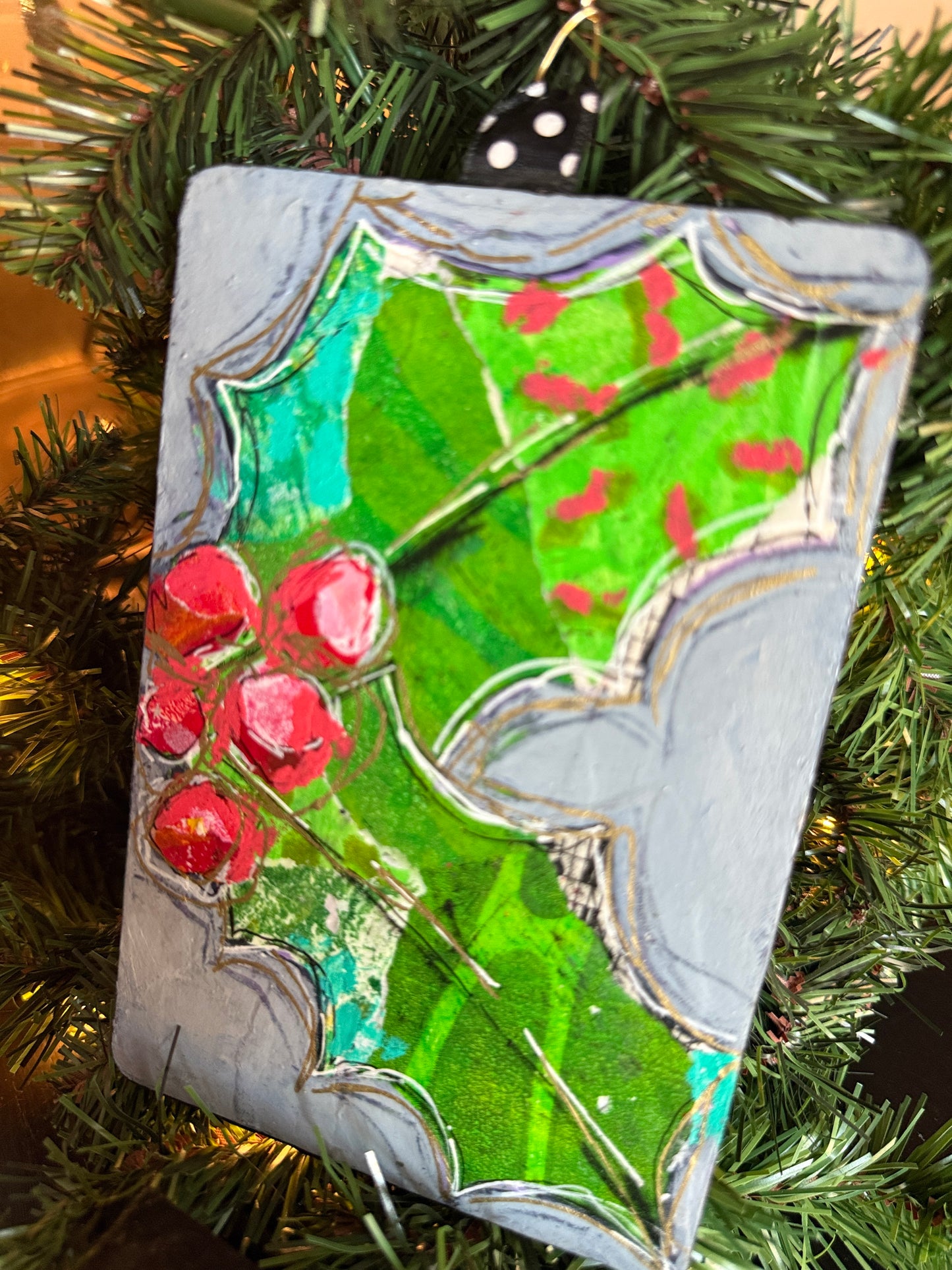 Handcrafted Mixed Media Holly Ornament- Collage Art on Wood