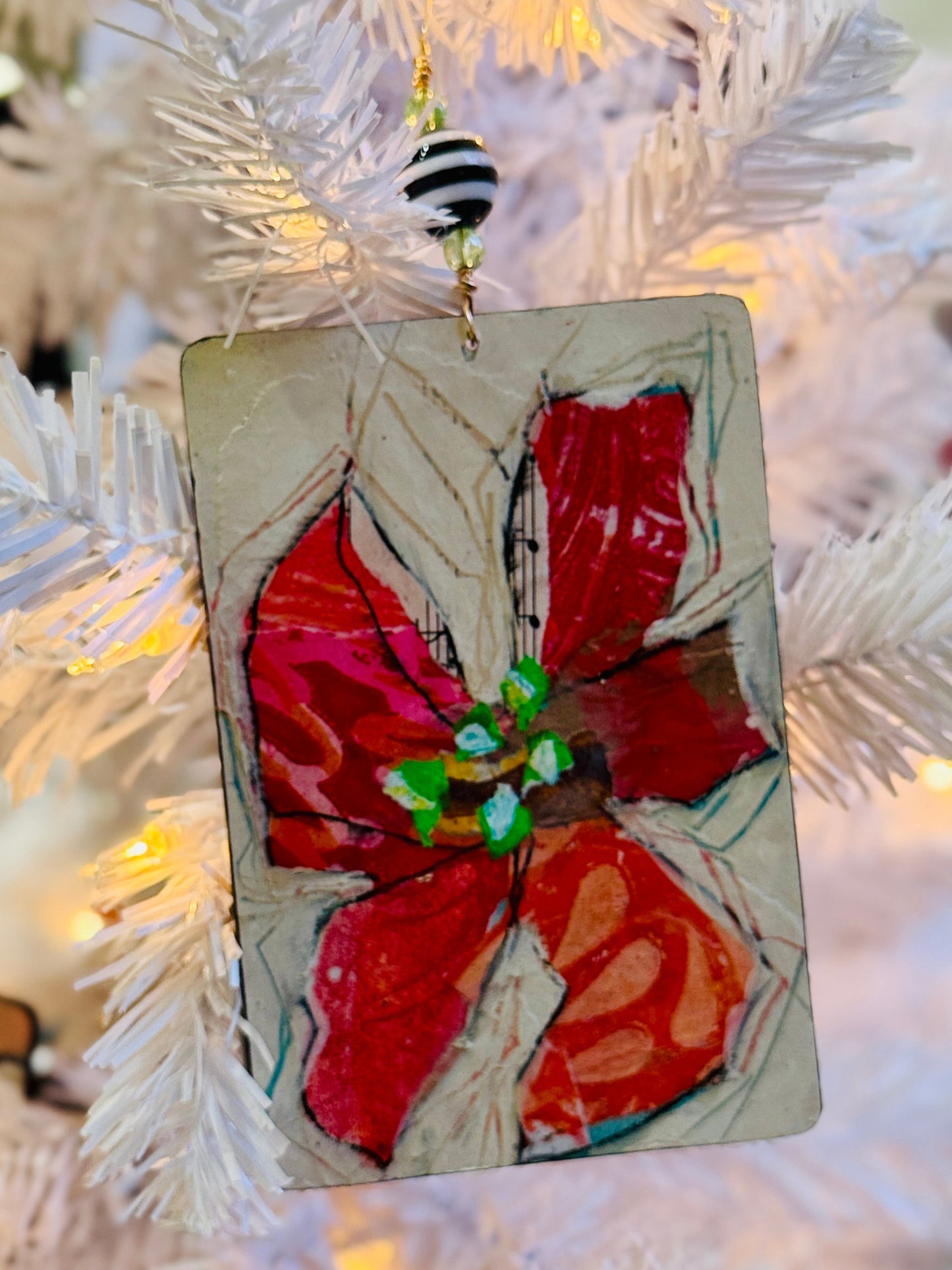 Handmade Poinsettia Christmas Ornament – Mixed Media Collage Floral Art