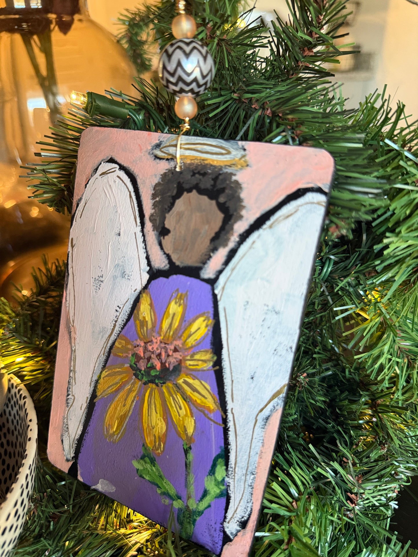 Sunflower Angel Ornament – Hand-Painted Mixed Media Floral Angel