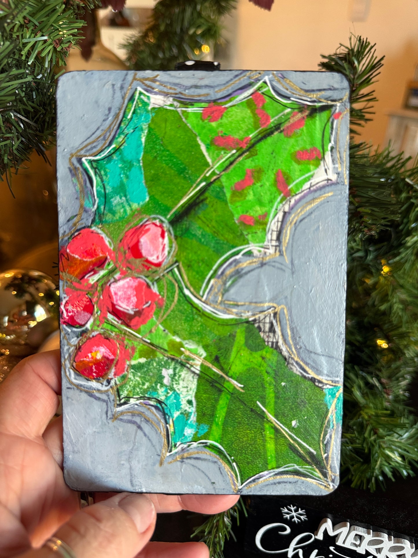 Handcrafted Mixed Media Holly Ornament- Collage Art on Wood