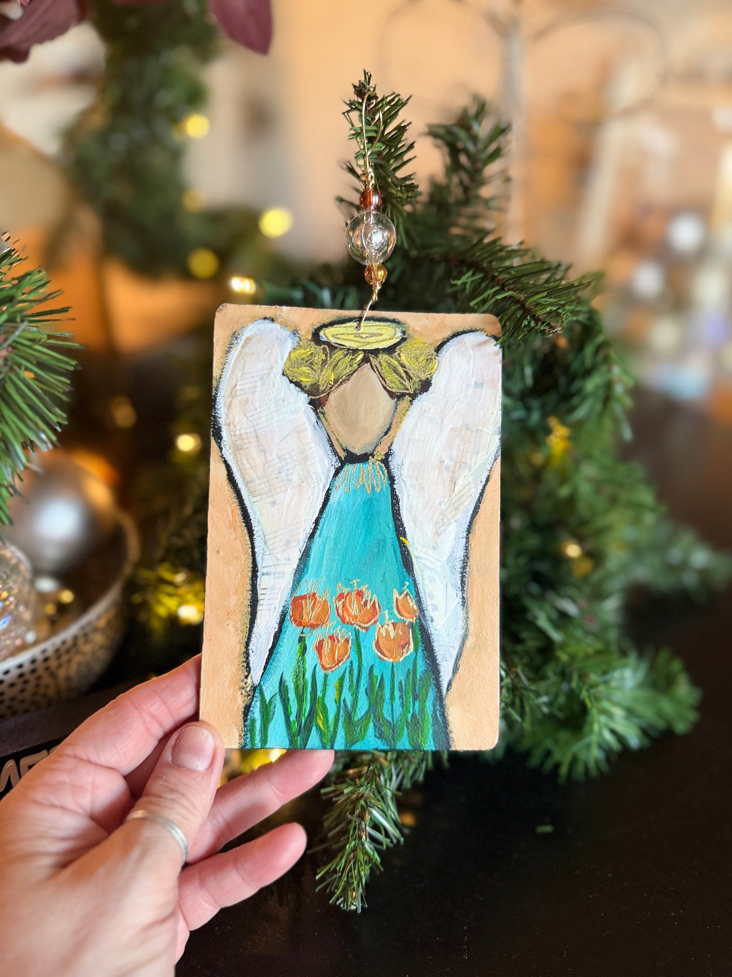 Tulips Angel Ornament – Hand-Painted Mixed Media Floral Angel
