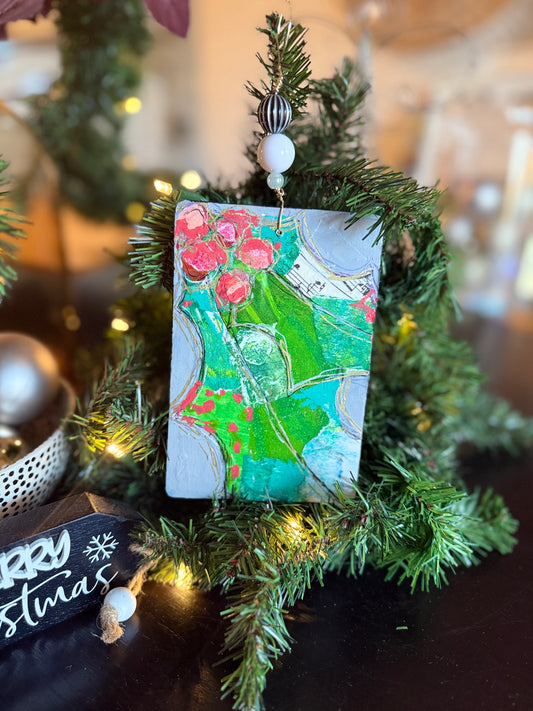 Handcrafted Mixed Media Holly Ornament- Collage Art on Wood