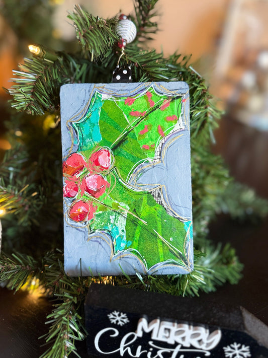 Handcrafted Mixed Media Holly Ornament- Collage Art on Wood