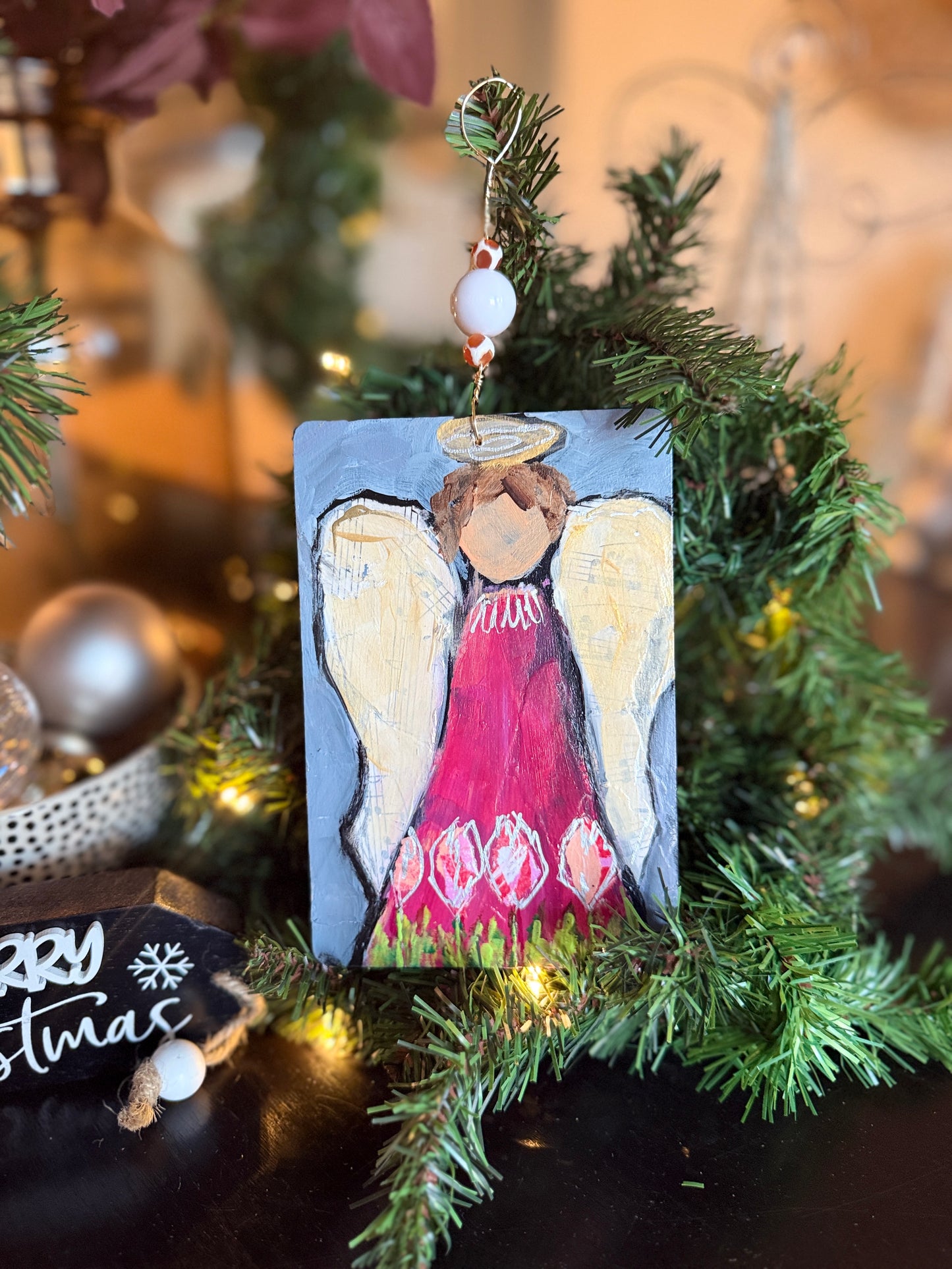 Angel Ornament – Hand-Painted Mixed Media Floral Angel