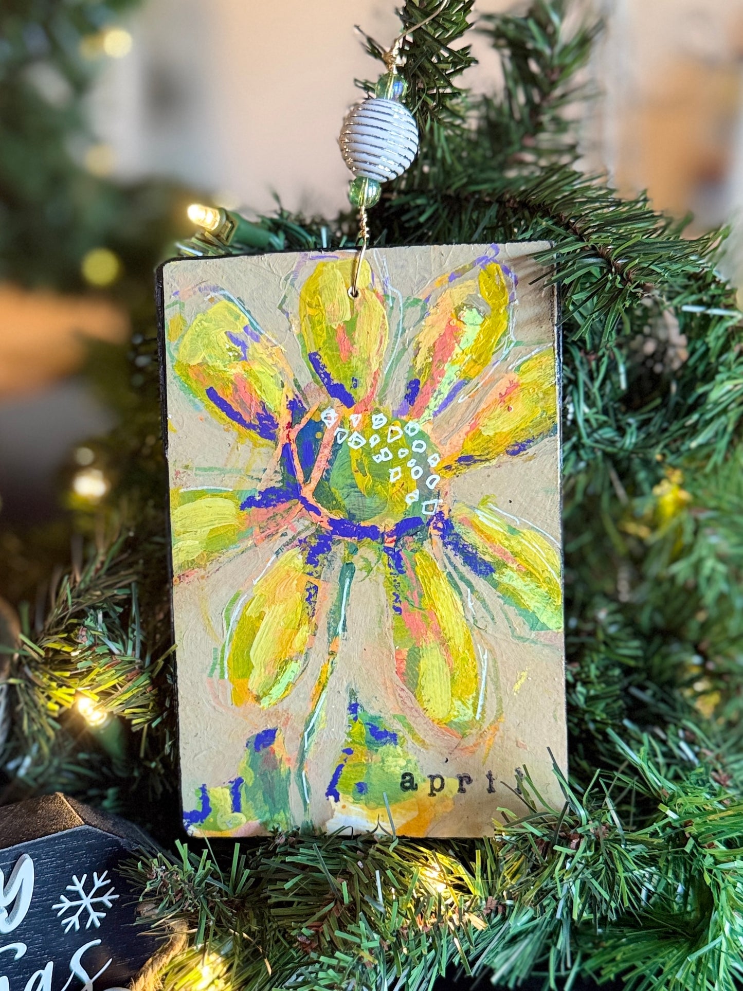 April Flower Ornament – Hand-Painted Mixed Media Floral
