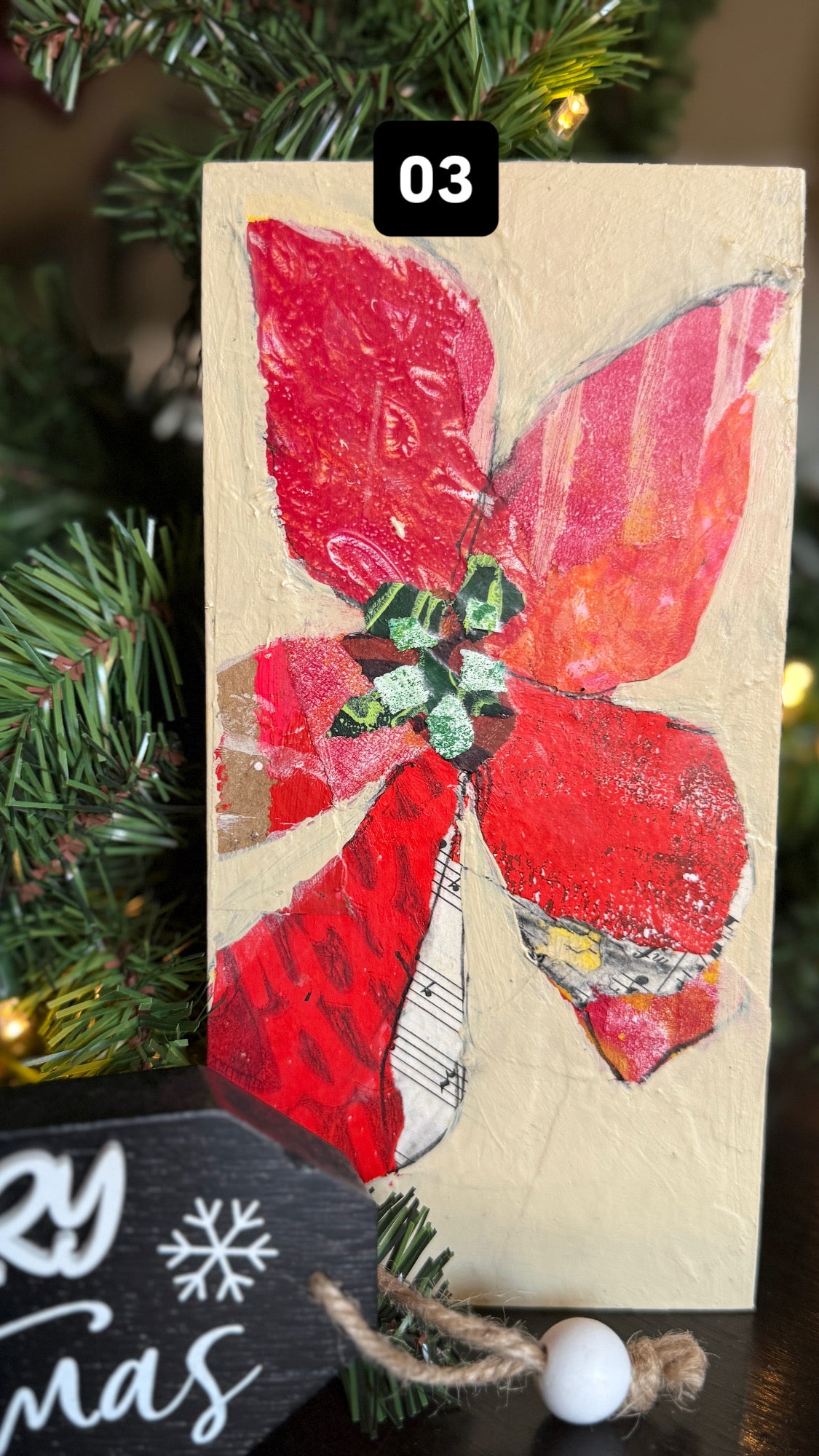 Mixed Media Poinsettia – 4x8” Original Art on Wood Panel