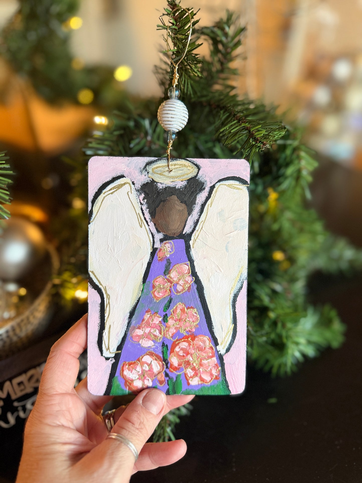 Delphinium Angel Ornament – Hand-Painted Mixed Media Floral Angel