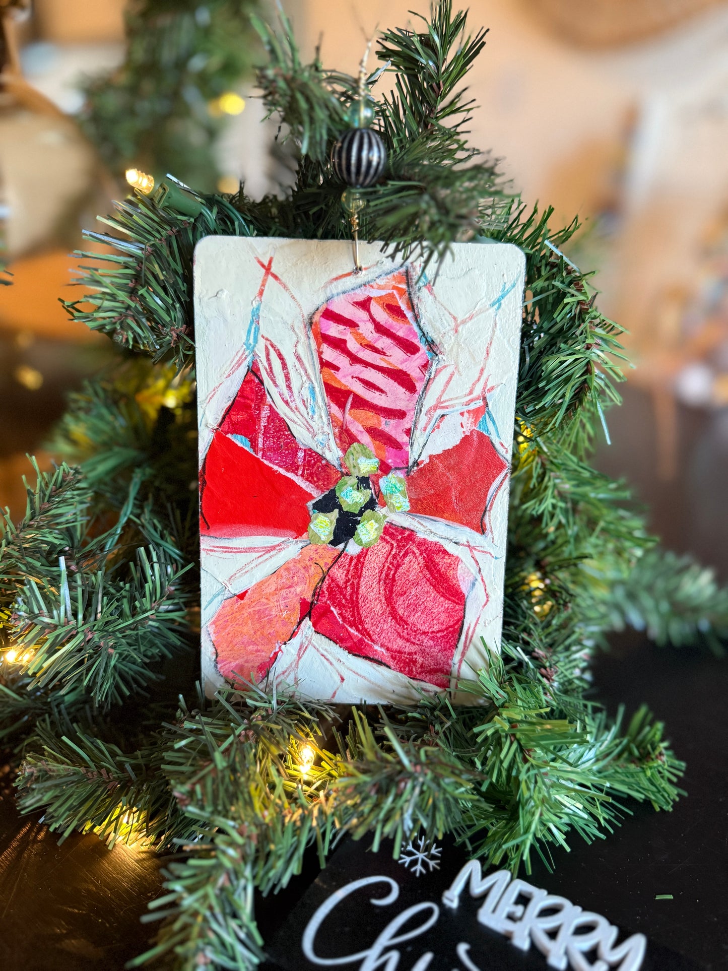 Handcrafted Mixed Media Poinsettia Ornament – Collage Art on Wood