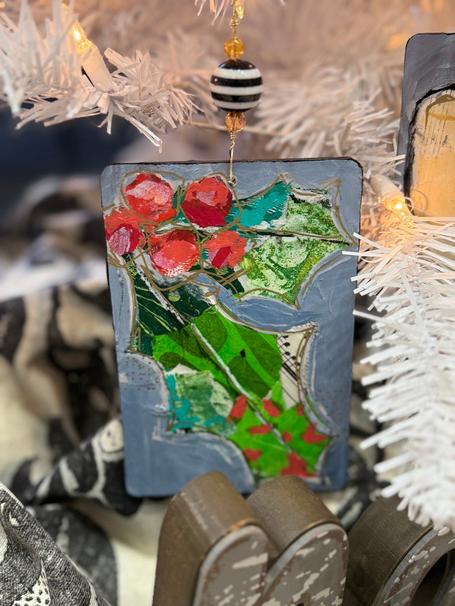 Handmade Holly Christmas Ornament – Mixed Media Collage Art with Red Berries
