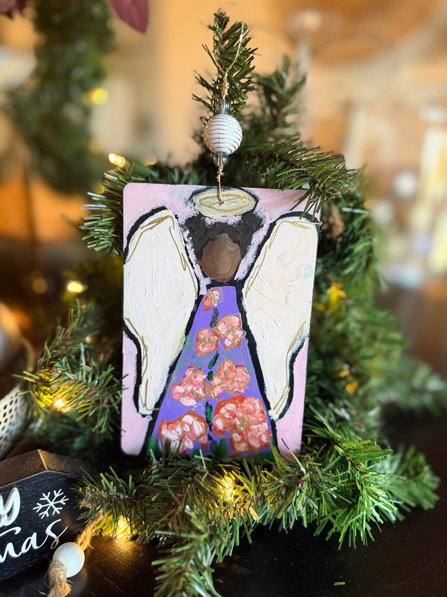 Delphinium Angel Ornament – Hand-Painted Mixed Media Floral Angel