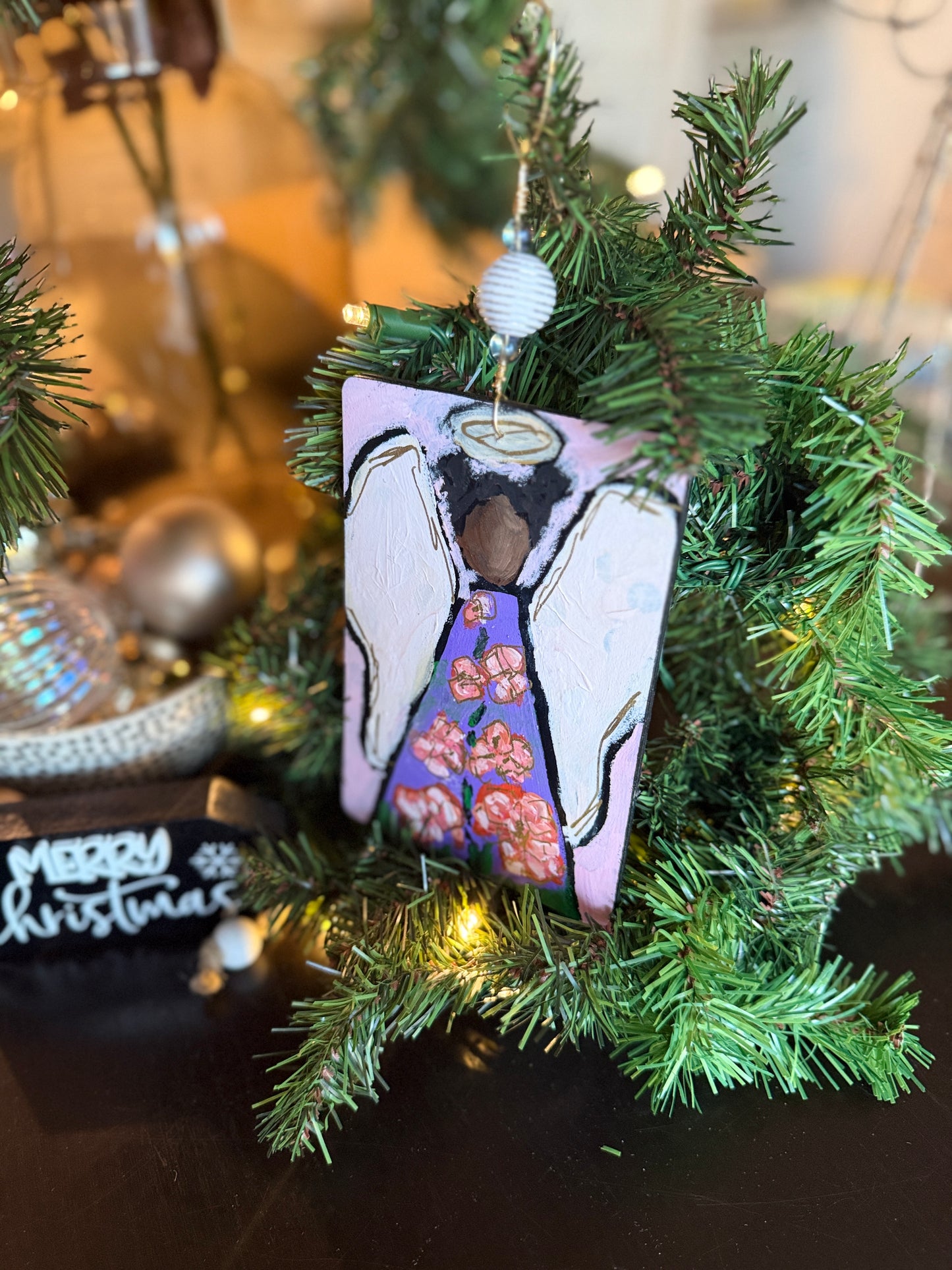 Delphinium Angel Ornament – Hand-Painted Mixed Media Floral Angel