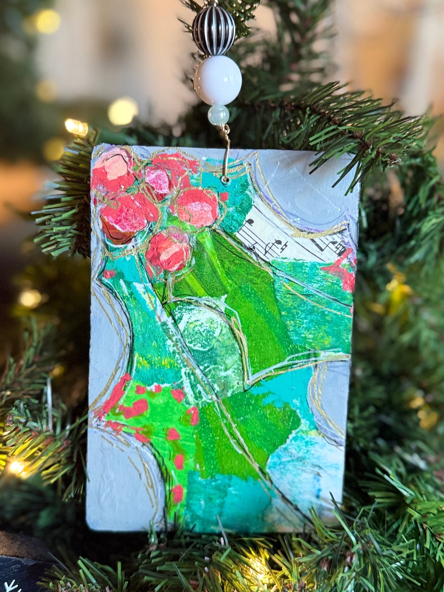 Handcrafted Mixed Media Holly Ornament- Collage Art on Wood