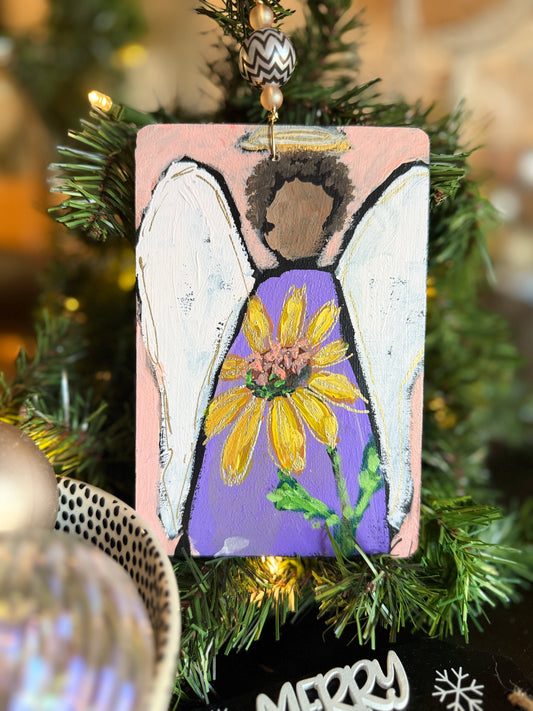 Sunflower Angel Ornament – Hand-Painted Mixed Media Floral Angel