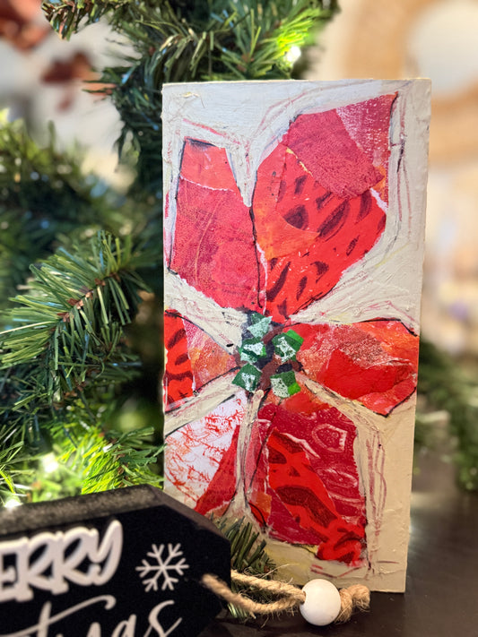 Mixed Media Poinsettia – 4x8” Original Art on Wood Panel