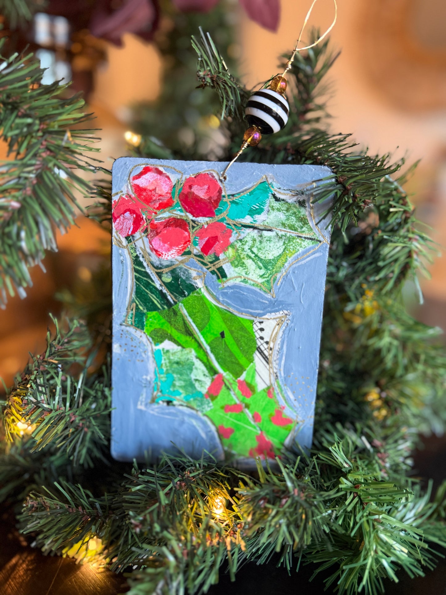 Handcrafted Mixed Media Holly Ornament- Collage Art on Wood