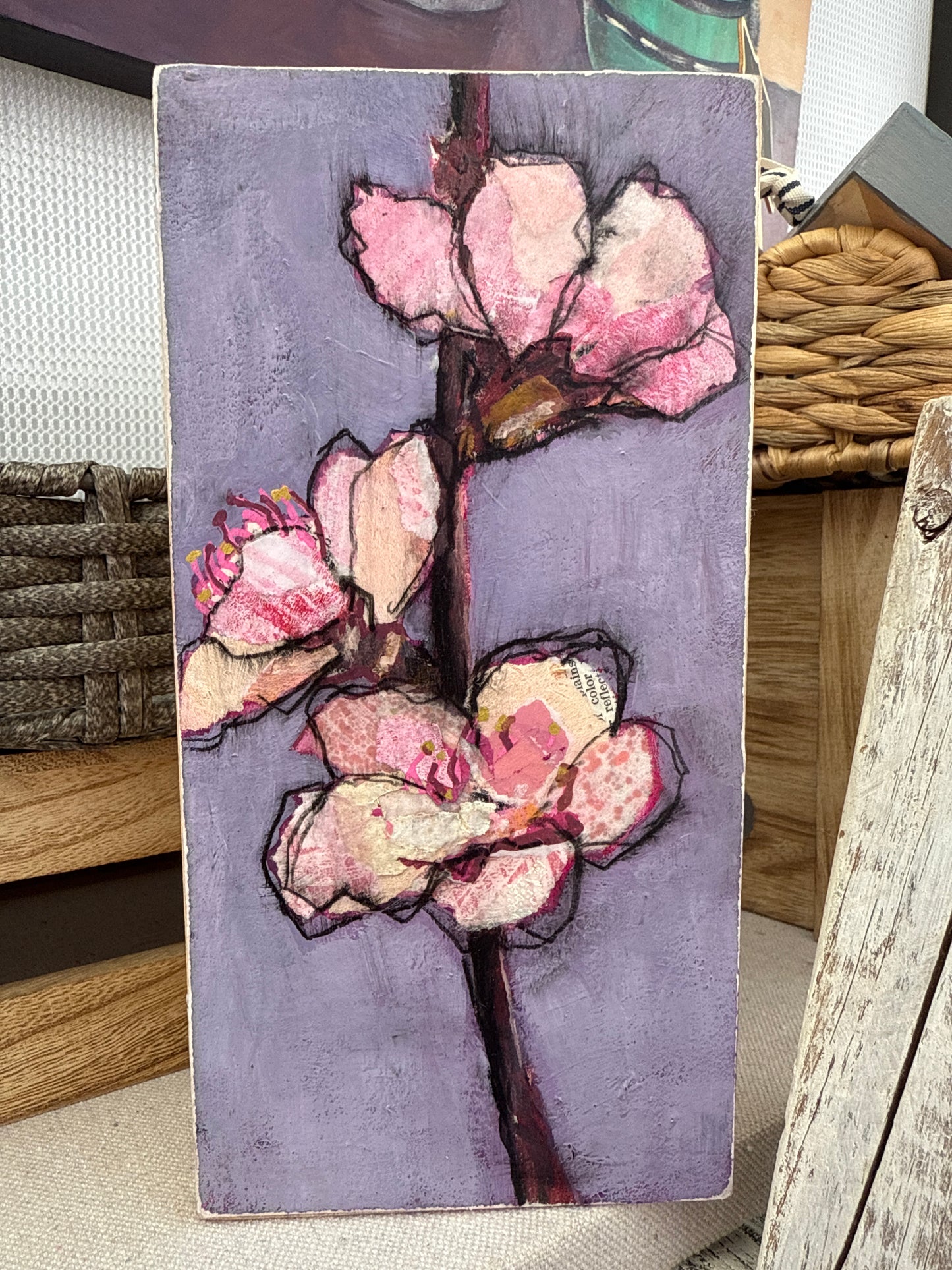 Petal Play – Abstract Floral Mixed Media Shelf Sitter on Wood (4x8")
