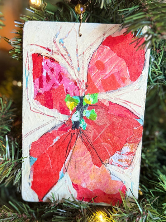 Handcrafted Mixed Media Poinsettia Ornament – Collage Art on Wood