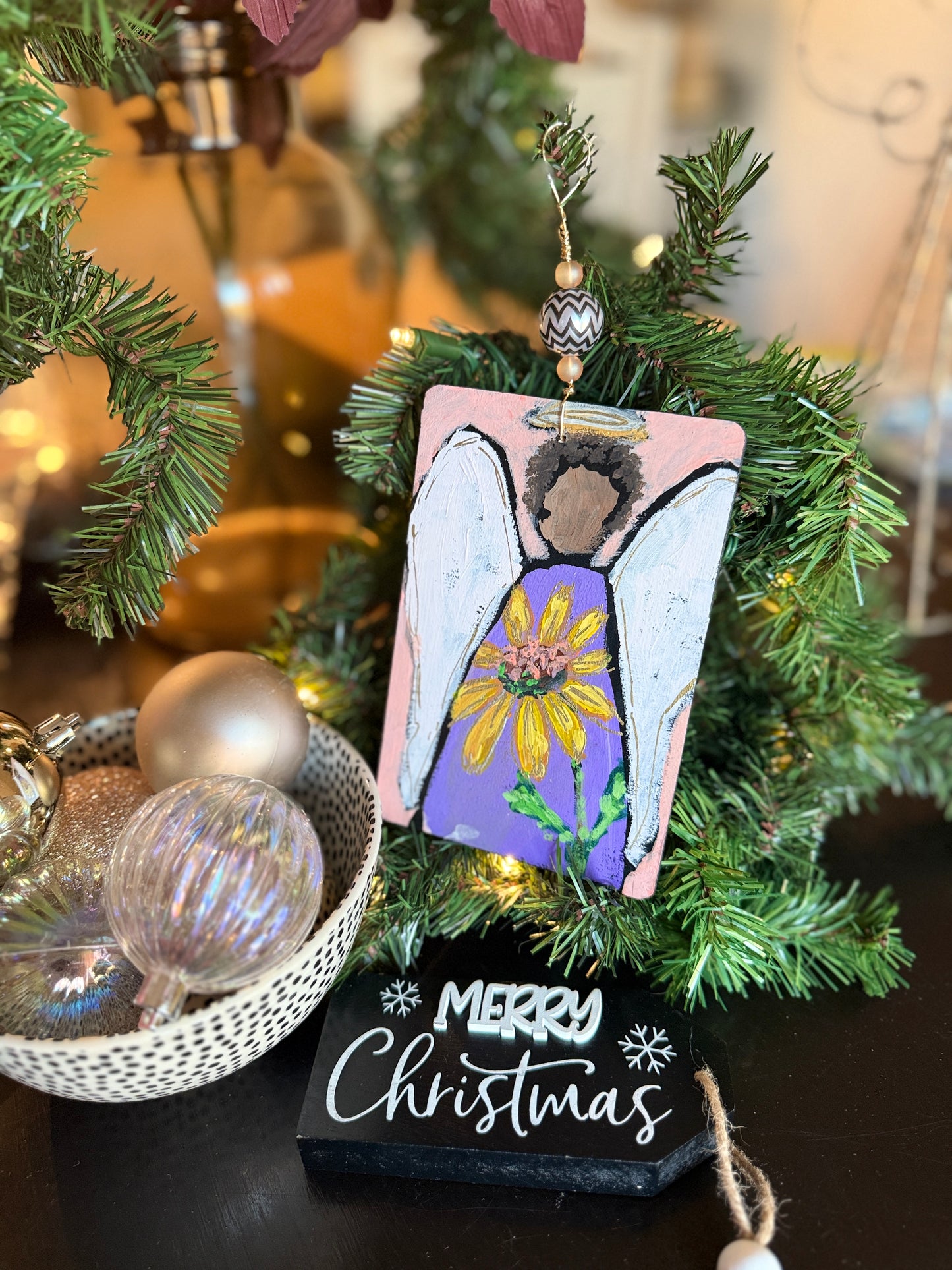 Sunflower Angel Ornament – Hand-Painted Mixed Media Floral Angel