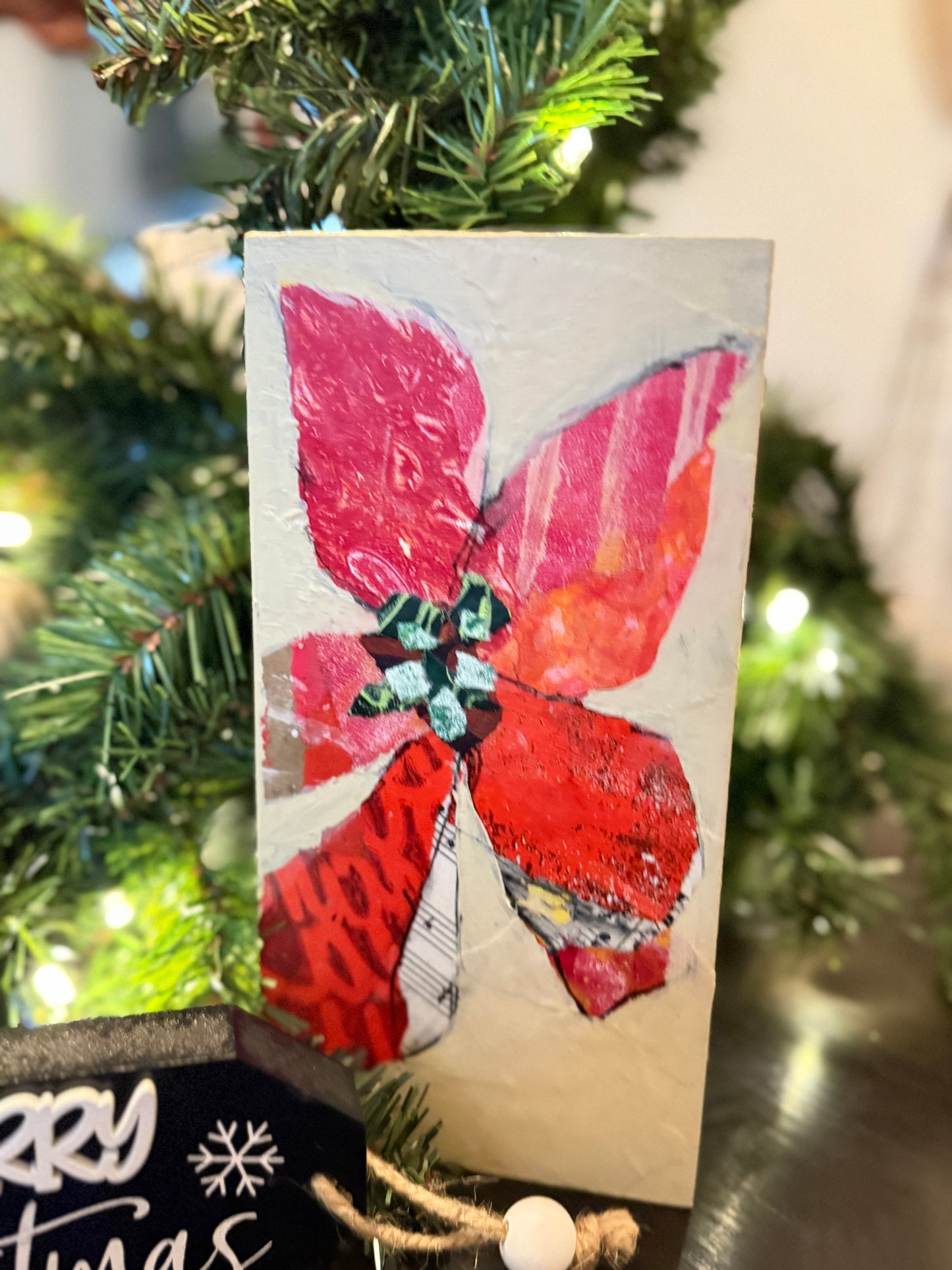 Mixed Media Poinsettia – 4x8” Original Art on Wood Panel