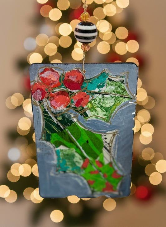 Handmade Holly Christmas Ornament – Mixed Media Collage Art with Red Berries