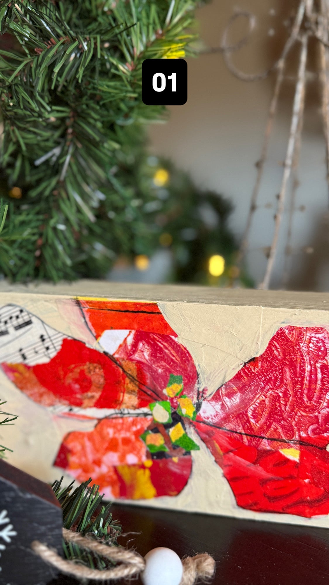 Mixed Media Poinsettia – 4x8” Original Art on Wood Panel