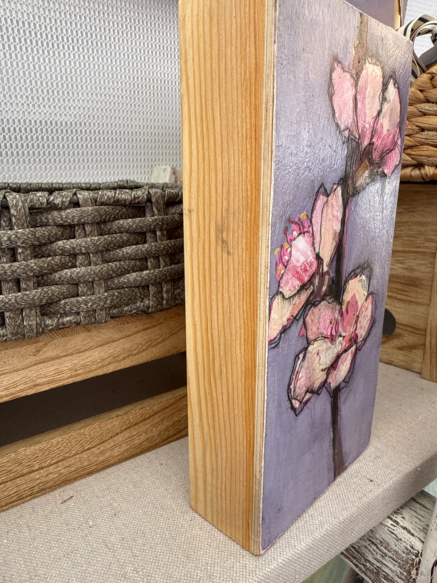 Petal Play – Abstract Floral Mixed Media Shelf Sitter on Wood (4x8")