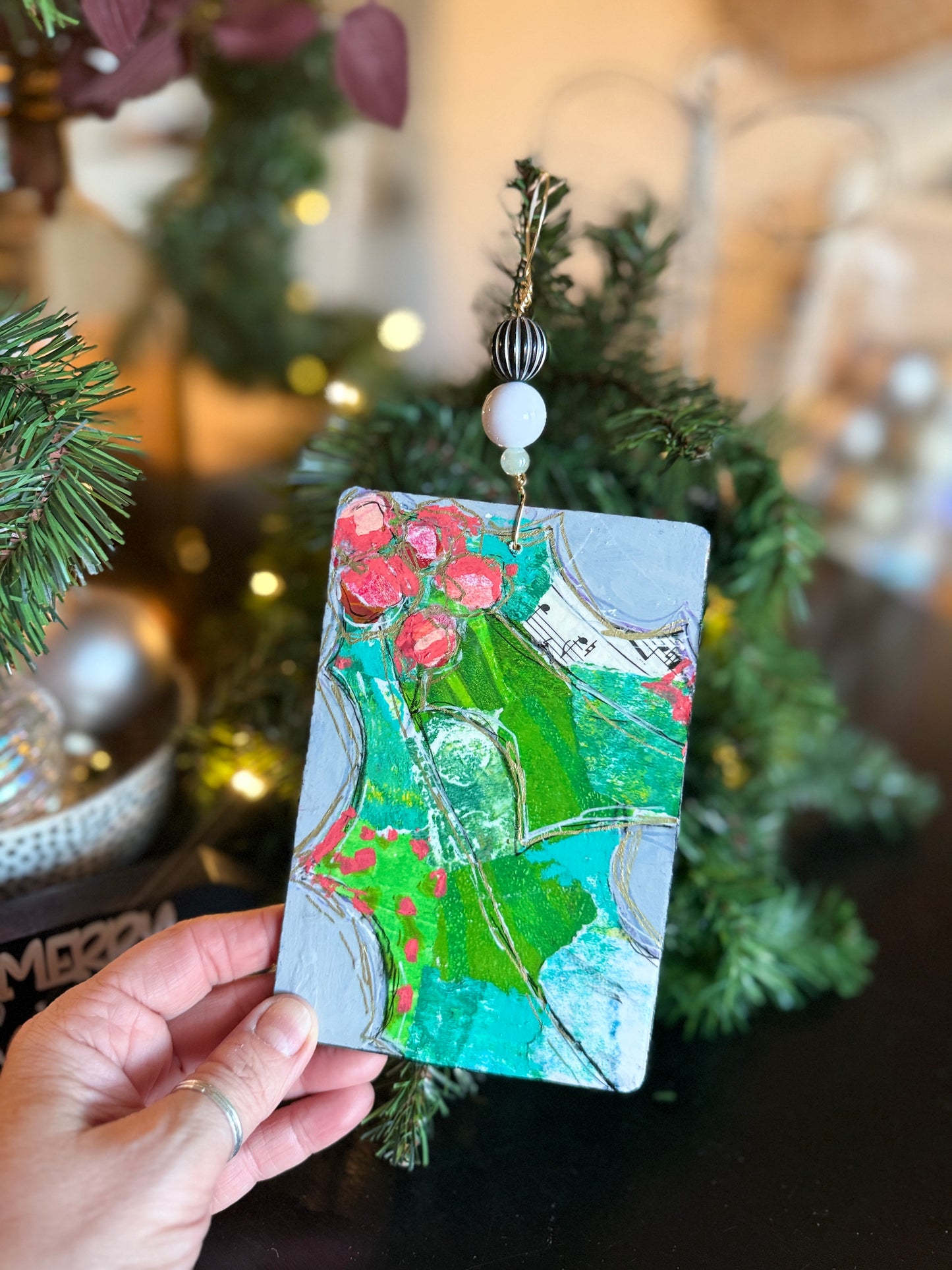 Handcrafted Mixed Media Holly Ornament- Collage Art on Wood