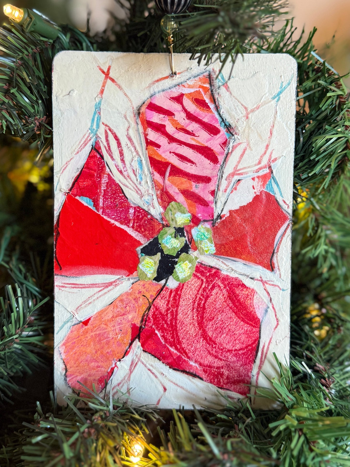 Handcrafted Mixed Media Poinsettia Ornament – Collage Art on Wood