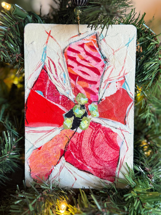 Handcrafted Mixed Media Poinsettia Ornament – Collage Art on Wood