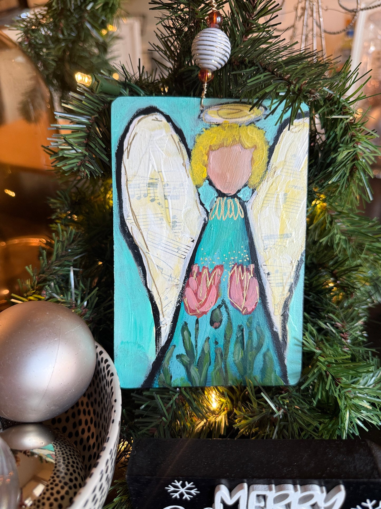 Tulips and Lace Angel Ornament – Hand-Painted Mixed Media Floral Angel