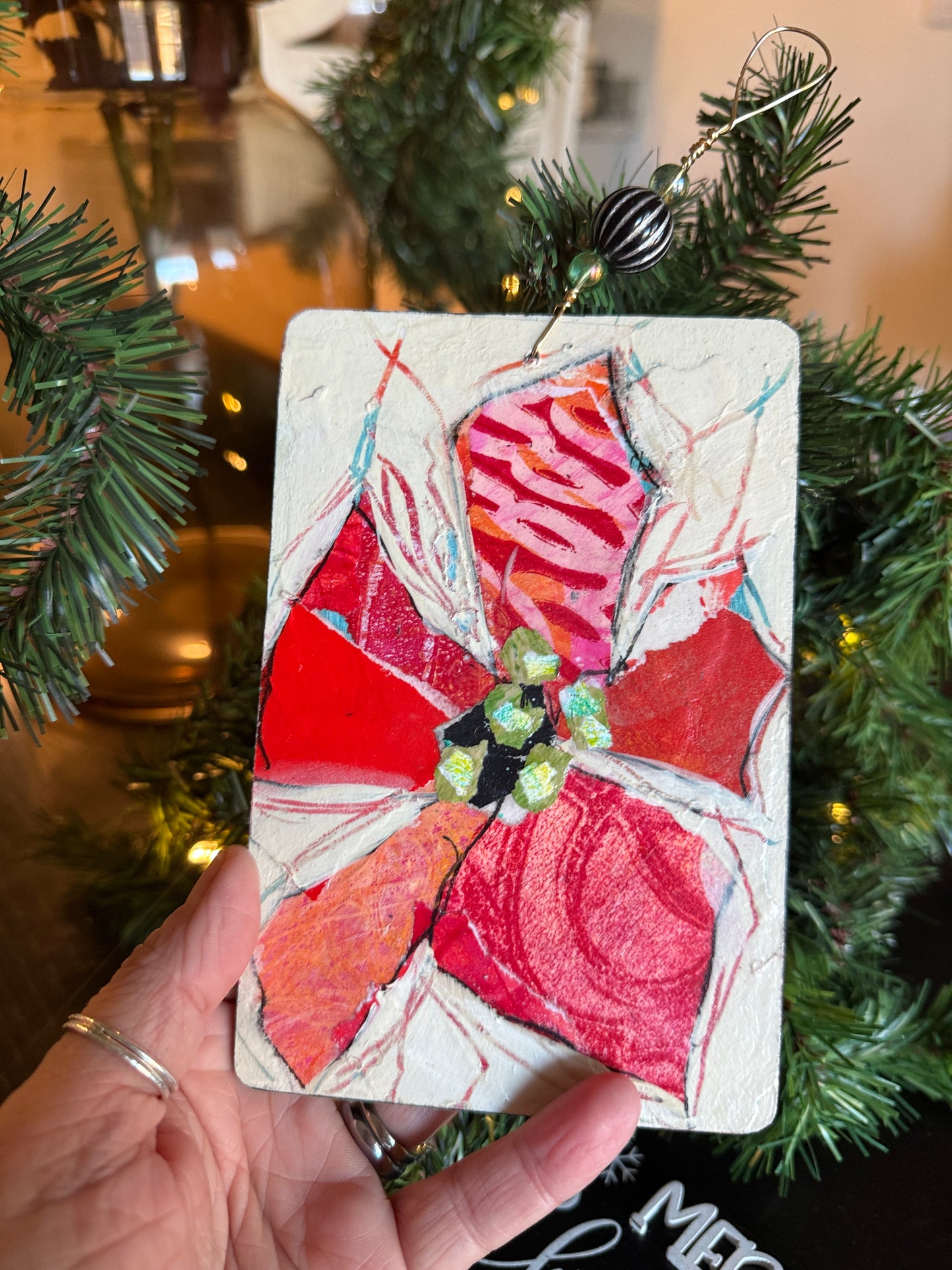 Handcrafted Mixed Media Poinsettia Ornament – Collage Art on Wood