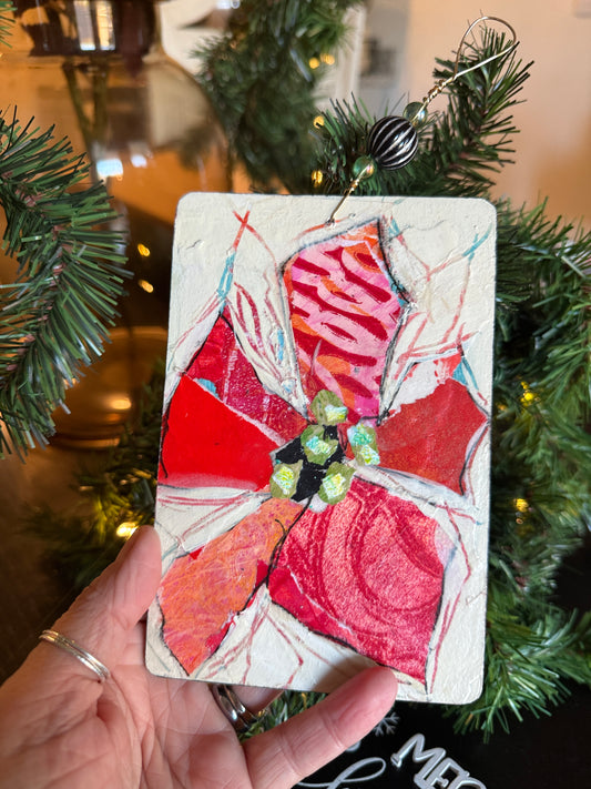 Handcrafted Mixed Media Poinsettia Ornament – Collage Art on Wood