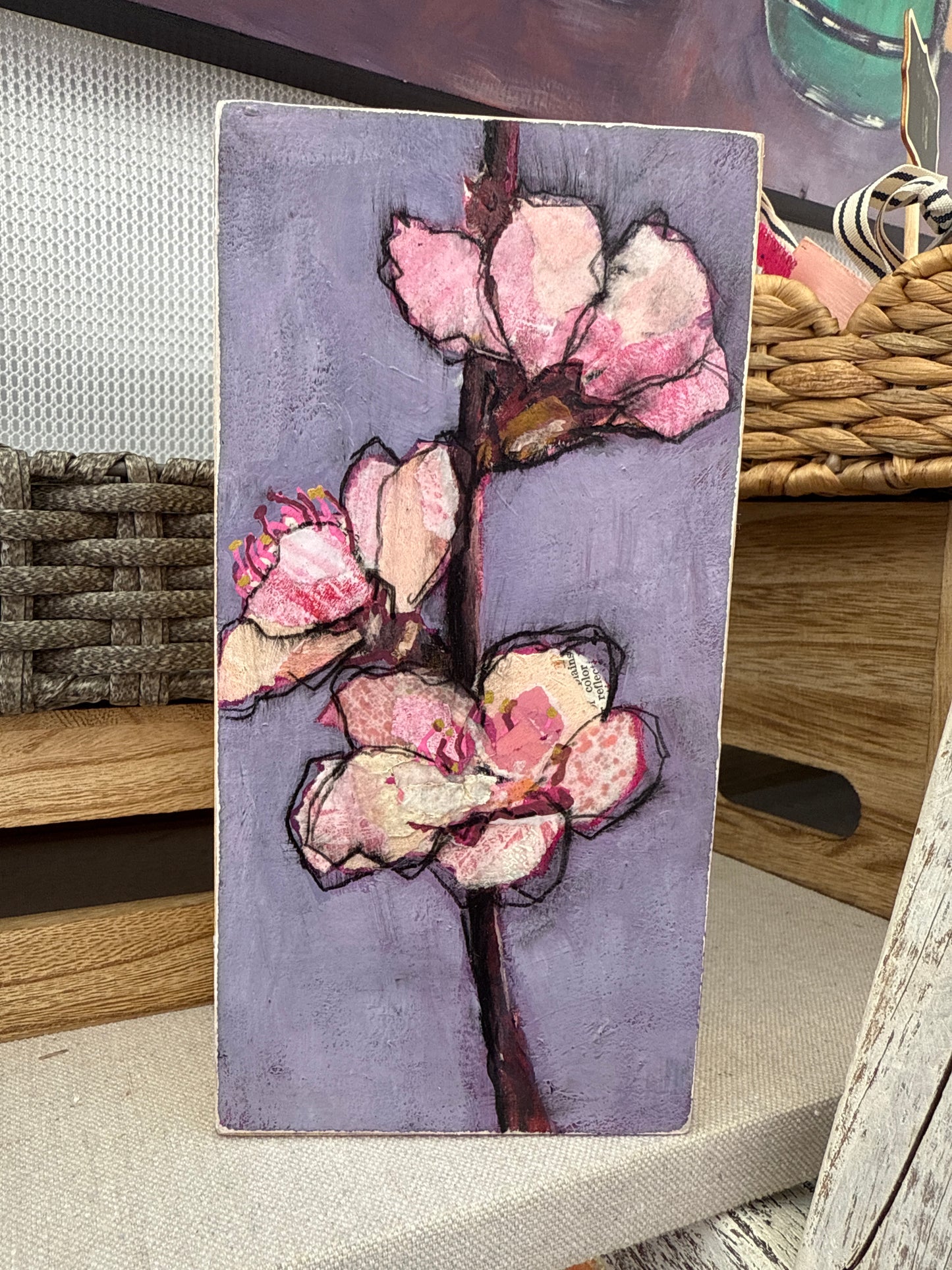 Petal Play – Abstract Floral Mixed Media Shelf Sitter on Wood (4x8")