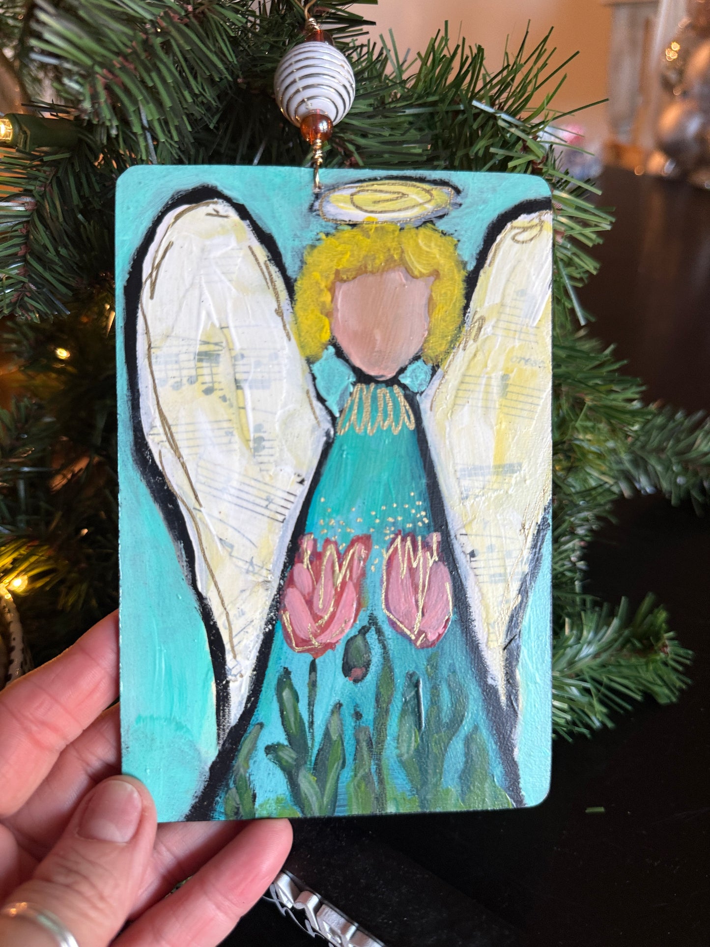 Tulips and Lace Angel Ornament – Hand-Painted Mixed Media Floral Angel