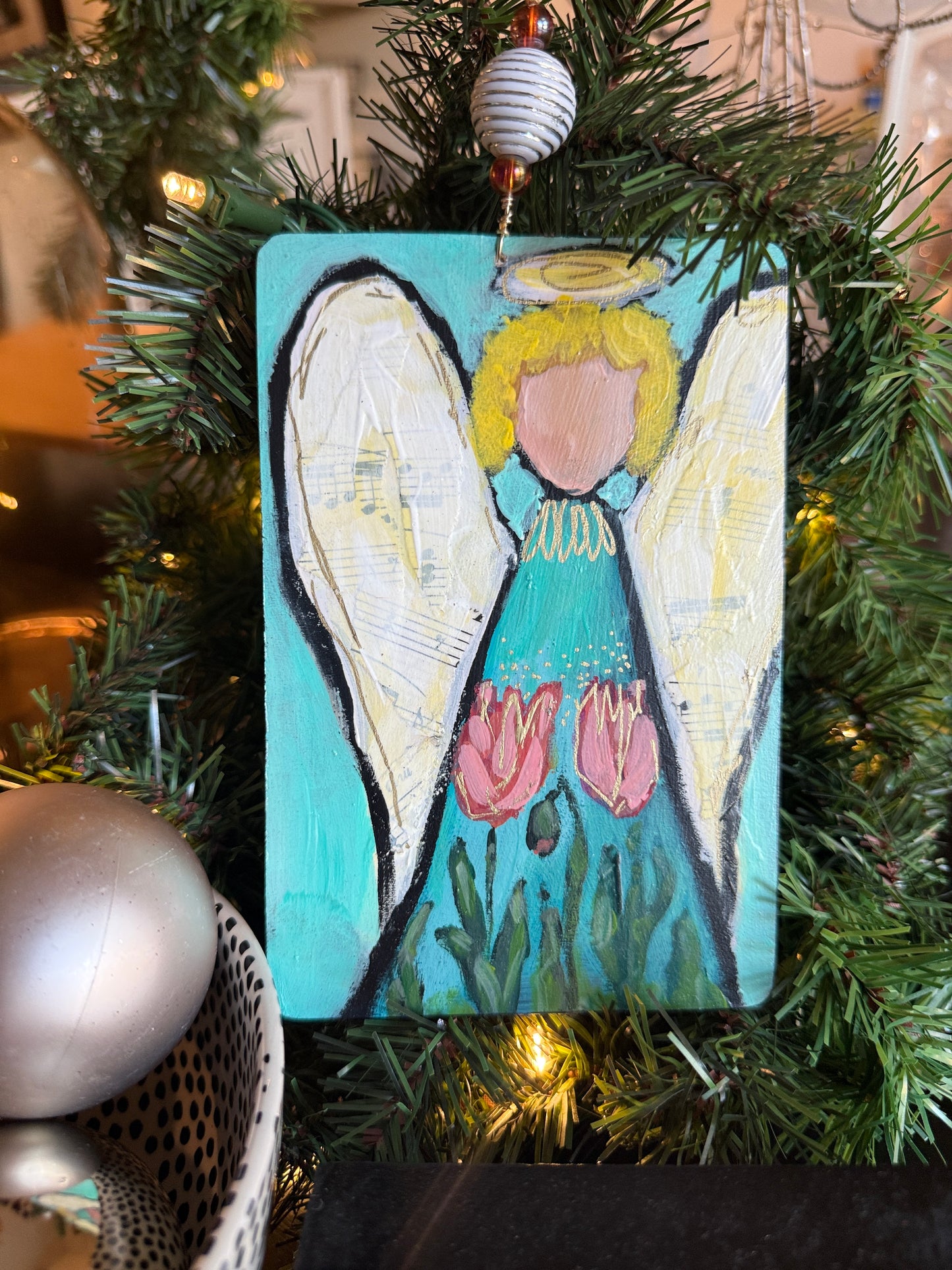 Tulips and Lace Angel Ornament – Hand-Painted Mixed Media Floral Angel