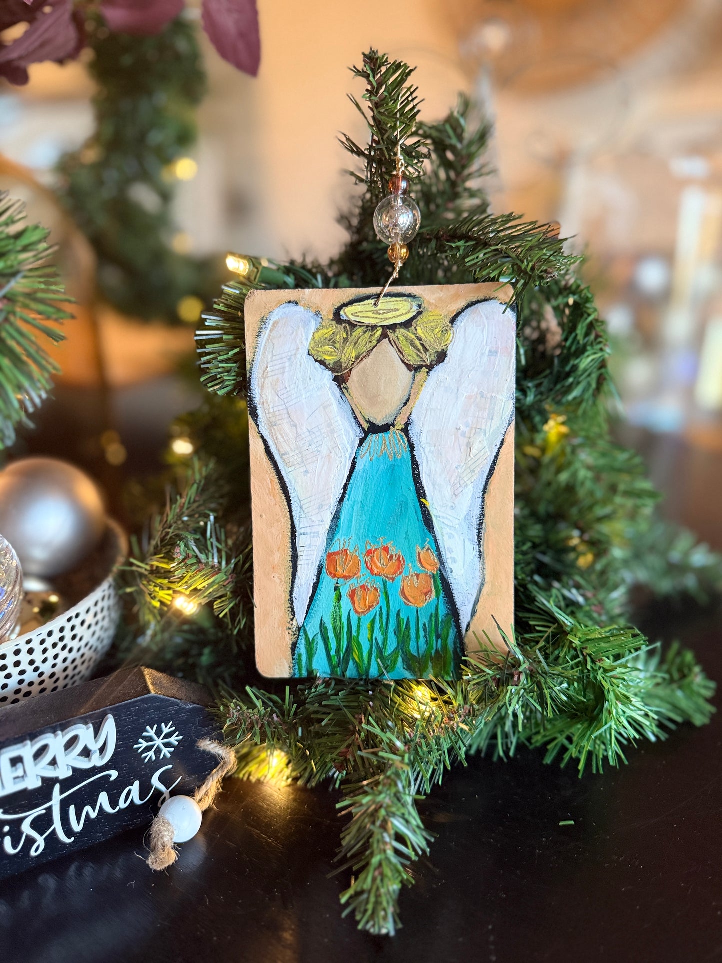 Tulips Angel Ornament – Hand-Painted Mixed Media Floral Angel